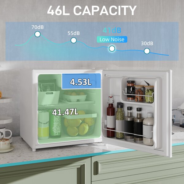 HOMCOM 46L Table Top Fridge, Counter Top Fridge with Chiller Box, Adjustable Temperature, Reversible Door, Mini Fridge for Bedroom