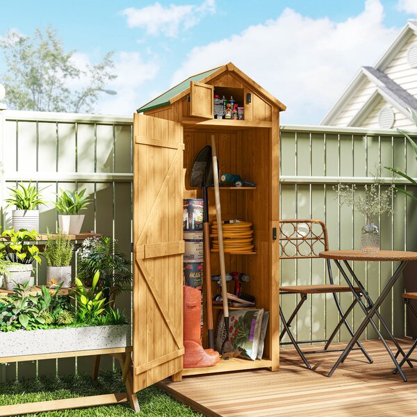 Outsunny Wooden Garden Storage Shed Vertical Tool Cabinet Organiser w/ Shelves, Lockable Door, 77 x 54.2 x 179 cm, Brown
