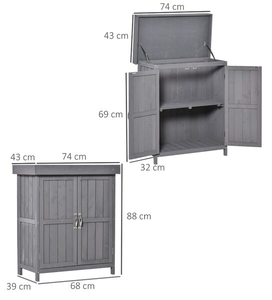 Outsunny Wooden Garden Storage Shed Tool Cabinet Organiser with Shelves, Two Doors,74 x 43 x 88cm, Grey