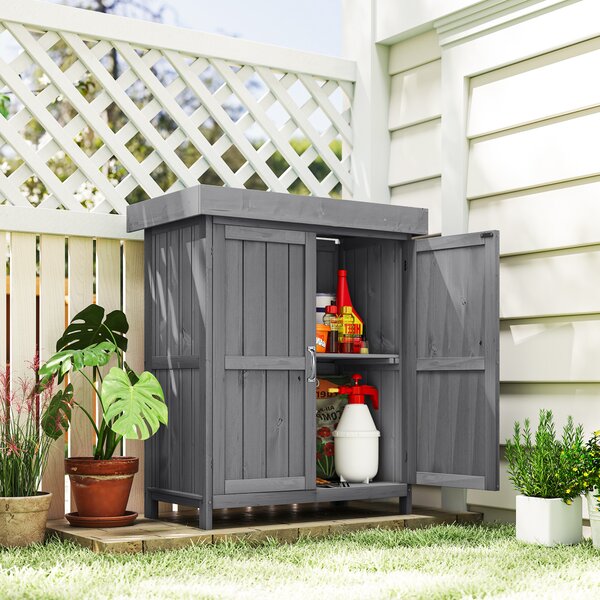 Outsunny Wooden Garden Storage Shed Tool Cabinet Organiser with Shelves, Two Doors,74 x 43 x 88cm, Grey