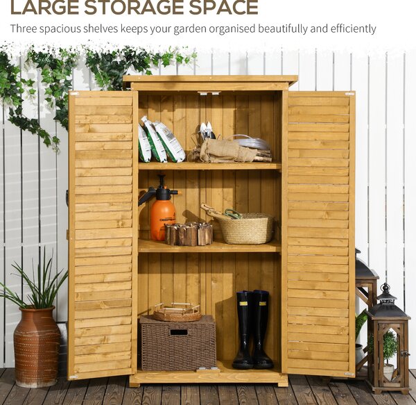 Outsunny Wooden Garden Storage Shed, Compact Utility Sentry Unit, 3-Tier Shelves Tool Cabinet Organizer with Asphalt Roof and Shutter Design