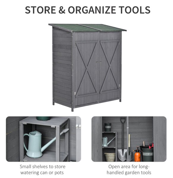 Outsunny Wooden Garden Storage Shed Lockable Tool Cabinet Organizer w/ Storage Table, Double Door, 139 x 75 x 160 cm, Grey
