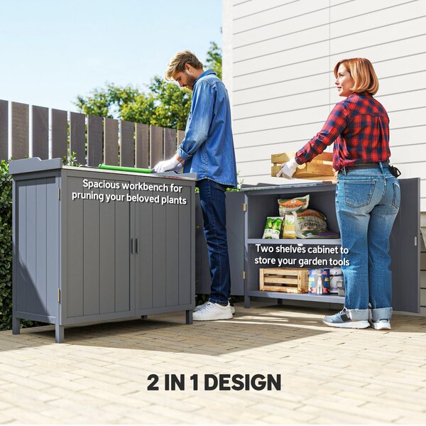 Outsunny Wooden Garden Storage Shed Tool Cabinet Organiser w/ Potting Bench Table, Two Shelves, 98 x 48 x 95.5 cm, Grey Aosom UK