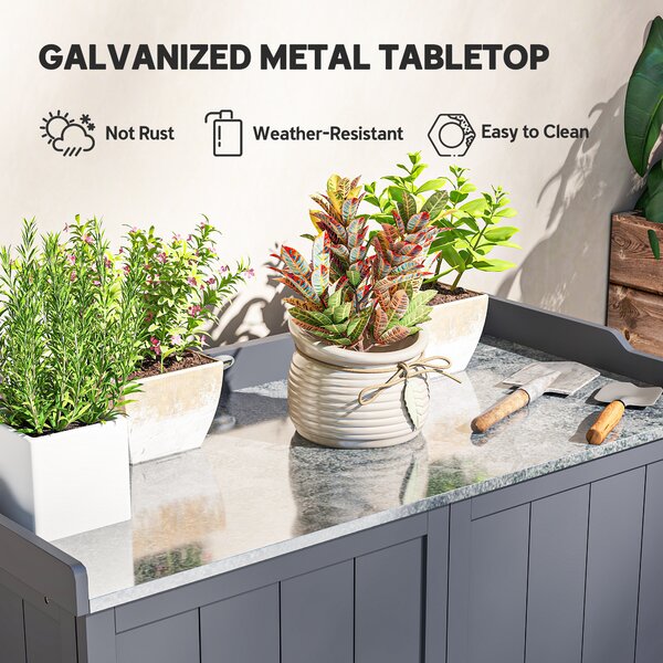 Outsunny Wooden Garden Storage Shed Tool Cabinet Organiser w/ Potting Bench Table, Two Shelves, 98 x 48 x 95.5 cm, Grey Aosom UK