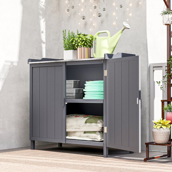 Outsunny Wooden Garden Storage Shed Tool Cabinet Organiser w/ Potting Bench Table, Two Shelves, 98 x 48 x 95.5 cm, Grey Aosom UK