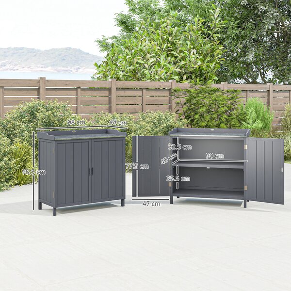Outsunny Wooden Garden Storage Shed Tool Cabinet Organiser w/ Potting Bench Table, Two Shelves, 98 x 48 x 95.5 cm, Grey Aosom UK