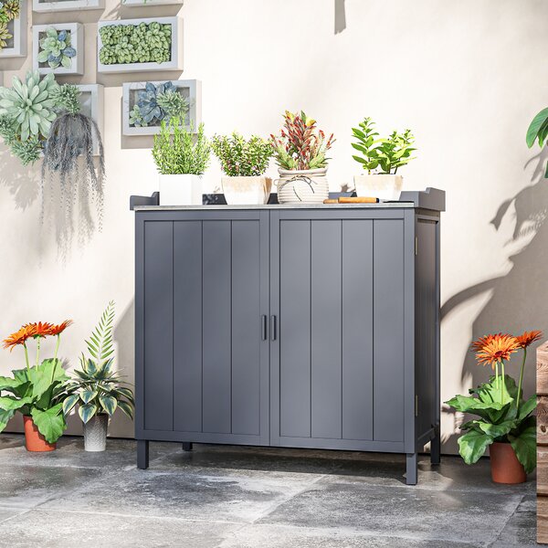 Outsunny Wooden Garden Storage Shed Tool Cabinet Organiser w/ Potting Bench Table, Two Shelves, 98 x 48 x 95.5 cm, Grey Aosom UK