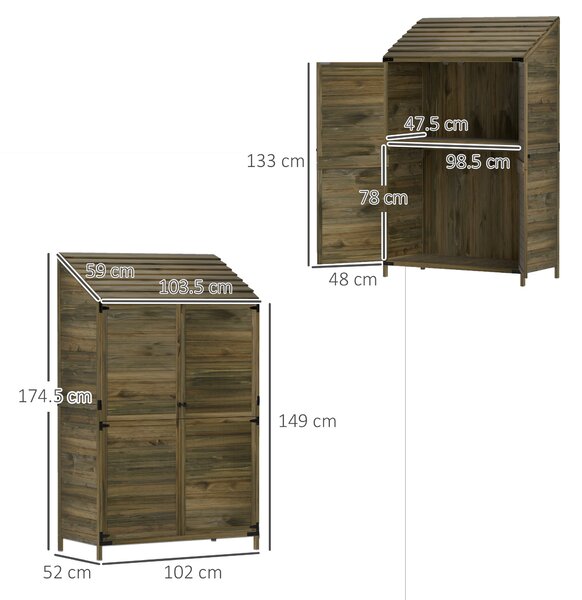 Outsunny Lean to Wooden Garden Shed, Garden Tool Storage Shed with Double Doors and Shelves, Outdoor Storage Cabinet for Patio Deck Garden, Green