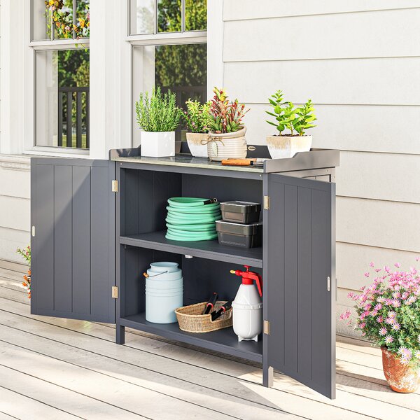 Outsunny Wooden Garden Storage Shed Tool Cabinet Organiser w/ Potting Bench Table, Two Shelves, 98 x 48 x 95.5 cm, Grey Aosom UK