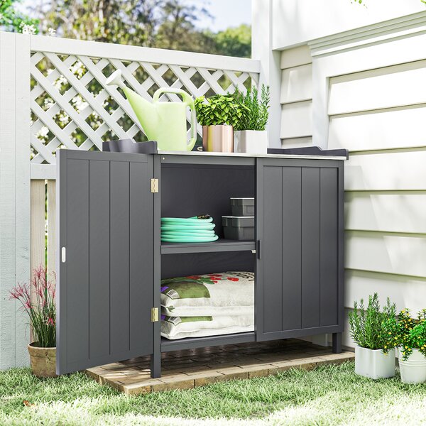 Outsunny Wooden Garden Storage Shed Tool Cabinet Organiser w/ Potting Bench Table, Two Shelves, 98 x 48 x 95.5 cm, Grey Aosom UK