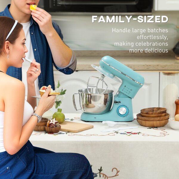 HOMCOM 1300W Kitchen Stand Mixer with Dough Hook, Whisk and Beater, 4.5L Bowl, Blue Aosom UK