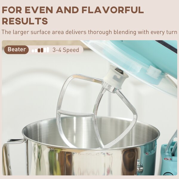 HOMCOM 1300W Kitchen Stand Mixer with Dough Hook, Whisk and Beater, 4.5L Bowl, Blue Aosom UK