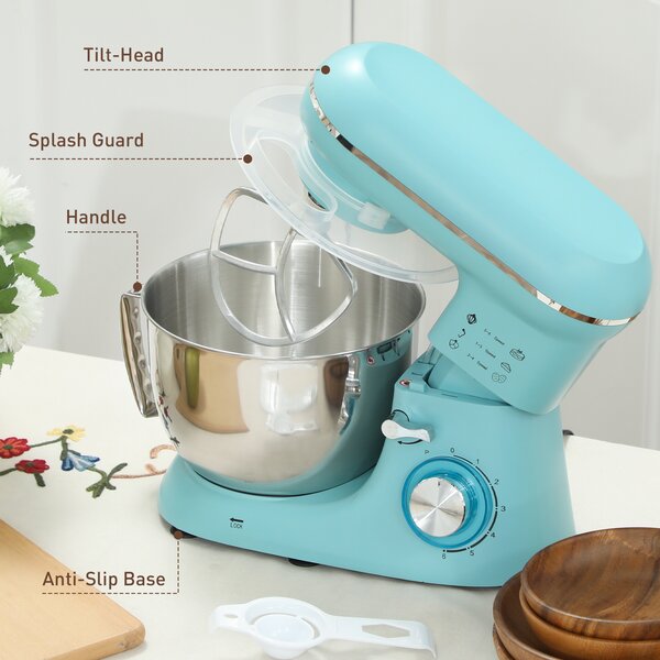HOMCOM 1300W Kitchen Stand Mixer with Dough Hook, Whisk and Beater, 4.5L Bowl, Blue Aosom UK