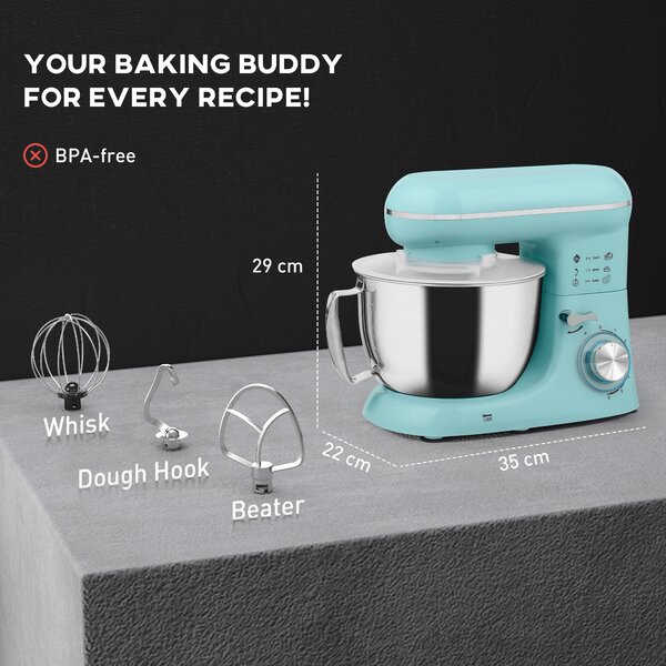 HOMCOM 1300W Kitchen Stand Mixer with Dough Hook, Whisk and Beater, 4.5L Bowl, Blue Aosom UK
