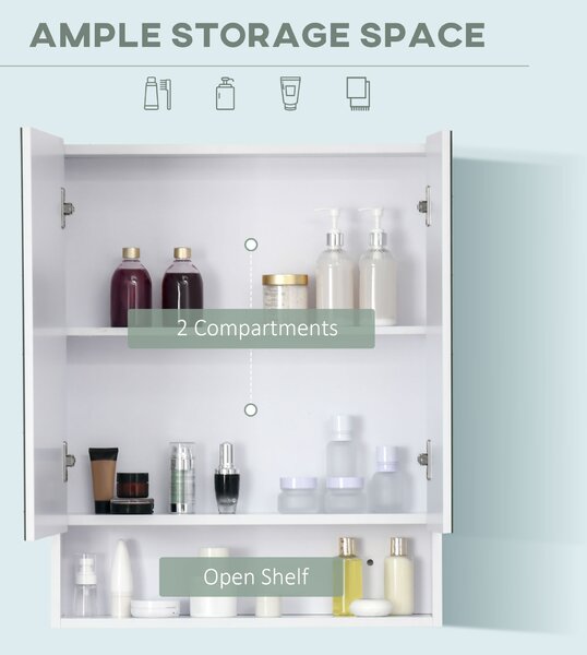 Kleankin Bathroom Cabinet with Mirror, Wall Mounted Bathroom Mirror Cabinet with Adjustable Shelf, 2 Doors Storage Cupboard, White