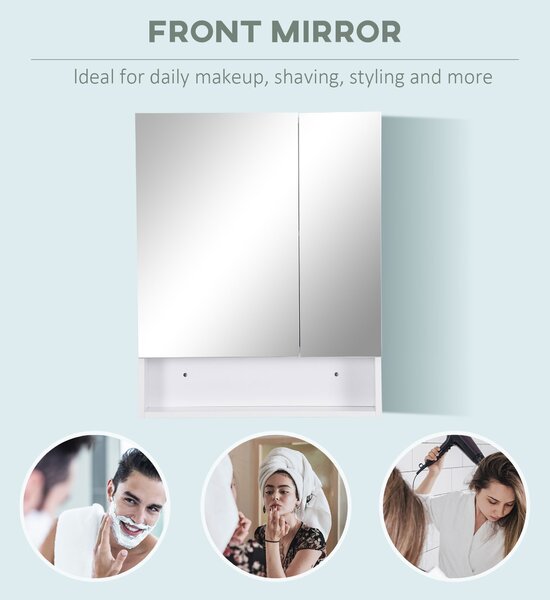 Kleankin Bathroom Cabinet with Mirror, Wall Mounted Bathroom Mirror Cabinet with Adjustable Shelf, 2 Doors Storage Cupboard, White