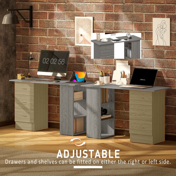 HOMCOM Computer Desk, Writing Table, PC Workstation with 3 Storage Shelves and Drawers, Silver Handle, for Home Office, Grey