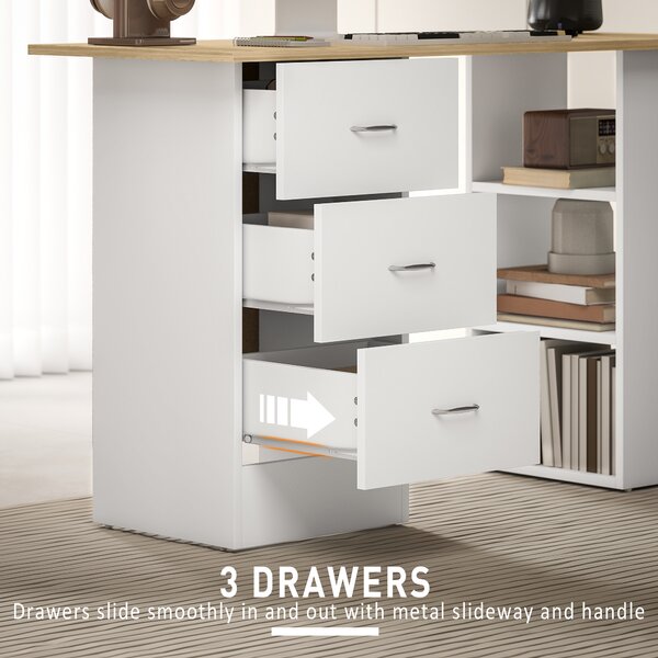 HOMCOM Computer Desk, Writing Table, PC Workstation with 3 Storage Shelves and Drawers, Silver Handle, for Home Office, Natural Wood Finish and White