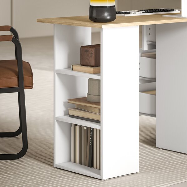 HOMCOM Computer Desk, Writing Table, PC Workstation with 3 Storage Shelves and Drawers, Silver Handle, for Home Office, Natural Wood Finish and White