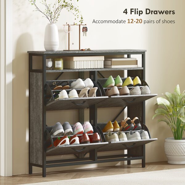 HOMCOM Shoe Storage Cabinet with 4 Flip Drawers and Open Shelf, Stylish & Practical Storage Solution, Cement Grey Aosom UK