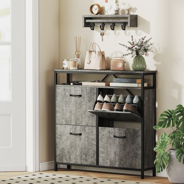 HOMCOM Shoe Storage Cabinet with 4 Flip Drawers and Open Shelf, Stylish & Practical Storage Solution, Cement Grey Aosom UK