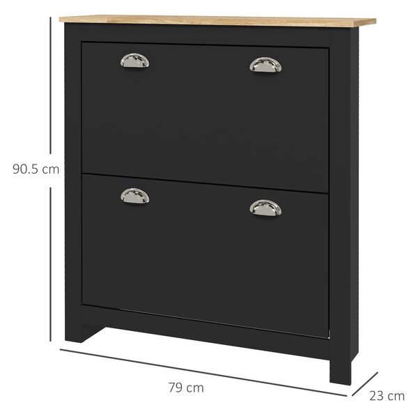 HOMCOM 2 Drawer Shoe Cabinet Modern Narrow Shoe Cupboard Hallway Wooden Storage Organiser with Flip Doors Adjustable Shelf for 12 Pairs, Black