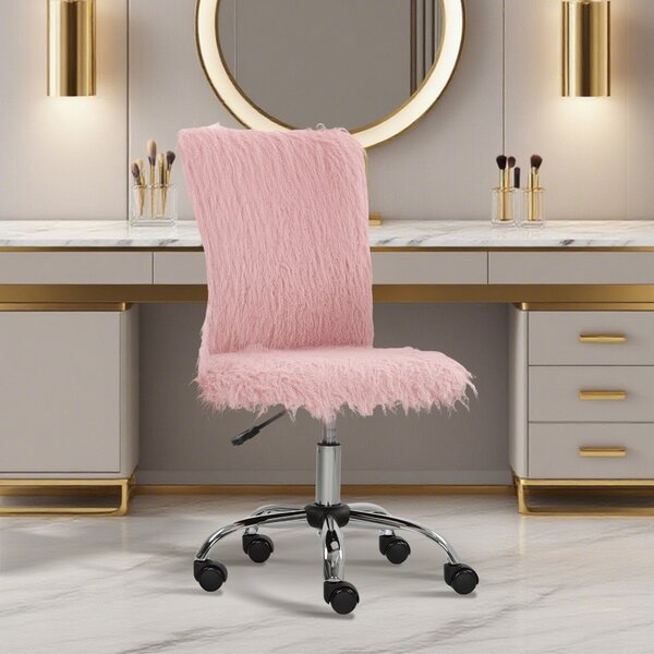 HOMCOM Plush Office Desk Chair, Modern Armless Swivel Vanity Chair with Adjustable Height for Home Office, Bedroom, Living Room, Pink Aosom UK