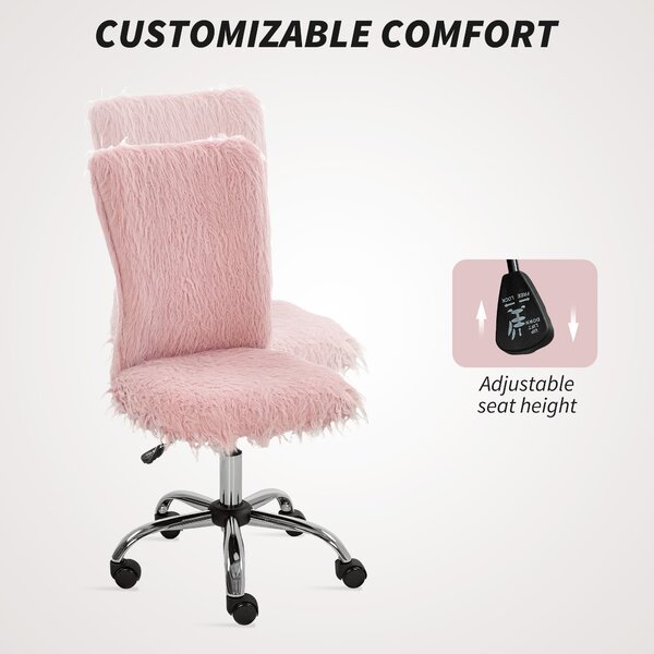 HOMCOM Plush Office Desk Chair, Modern Armless Swivel Vanity Chair with Adjustable Height for Home Office, Bedroom, Living Room, Pink Aosom UK