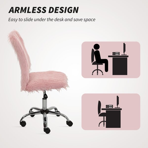 HOMCOM Plush Office Desk Chair, Modern Armless Swivel Vanity Chair with Adjustable Height for Home Office, Bedroom, Living Room, Pink Aosom UK