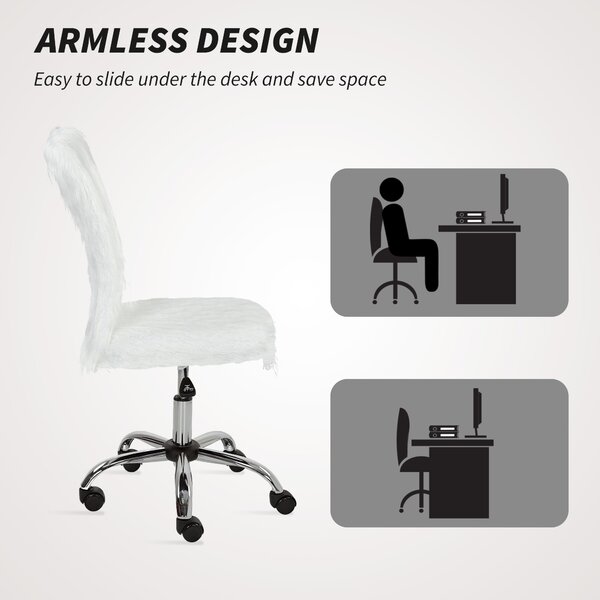 HOMCOM Plush Office Desk Chair, Modern Armless Swivel Vanity Chair with Adjustable Height for Home Office, Bedroom, Living Room, White