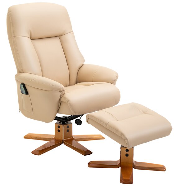 HOMCOM Electric Massage Recliner Chair with Ottoman, Faux Leather Swivel Recliner with Remote Control and 5 Modes for Living Room, Beige