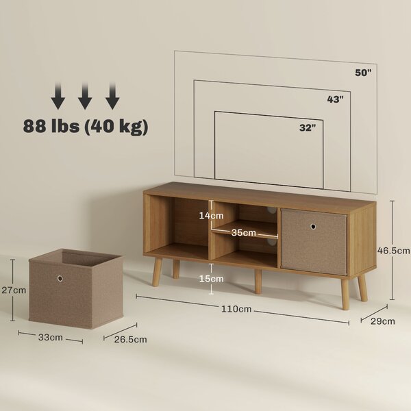 HOMCOM TV Cabinet Stand Unit for TVs up to 50'' with Foldable Drawers, Entertainment Centre for Living Room Brown Aosom UK