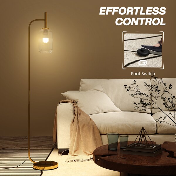 HOMCOM Floor Lamp for Living Room with Glass Lampshade, Modern Standing Lamp with Foot Switch for Bedroom, Bulb not Included, Gold Tone Aosom UK