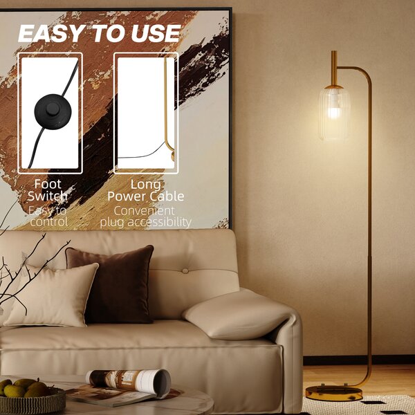 HOMCOM Floor Lamp for Living Room with Glass Lampshade, Modern Standing Lamp with Foot Switch for Bedroom, Bulb not Included, Gold Tone Aosom UK