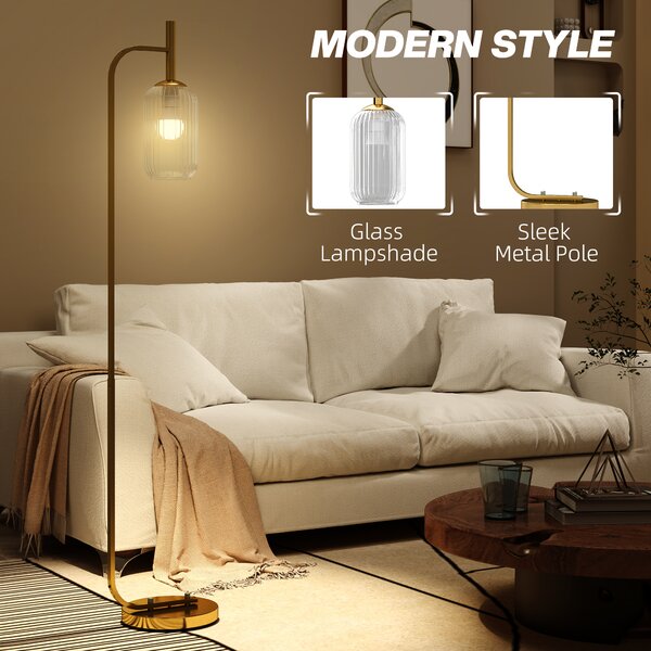 HOMCOM Floor Lamp for Living Room with Glass Lampshade, Modern Standing Lamp with Foot Switch for Bedroom, Bulb not Included, Gold Tone Aosom UK