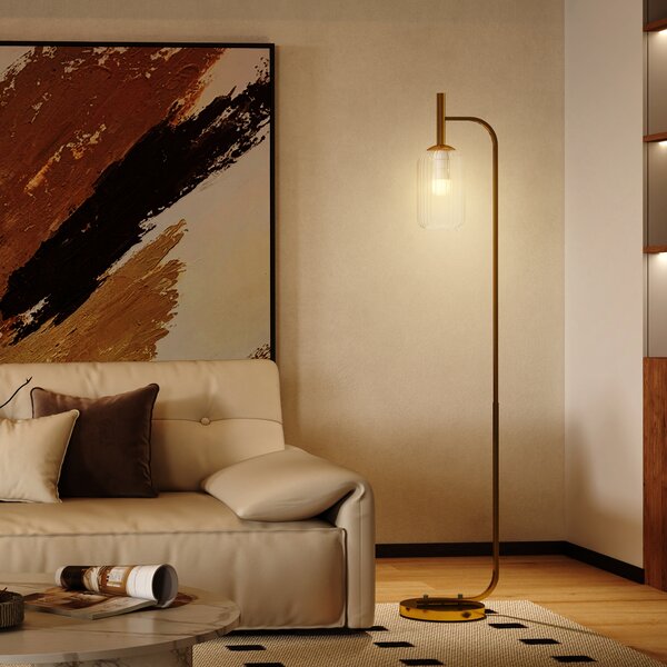 HOMCOM Floor Lamp for Living Room with Glass Lampshade, Modern Standing Lamp with Foot Switch for Bedroom, Bulb not Included, Gold Tone Aosom UK