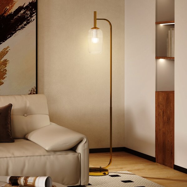 HOMCOM Floor Lamp for Living Room with Glass Lampshade, Modern Standing Lamp with Foot Switch for Bedroom, Bulb not Included, Gold Tone Aosom UK