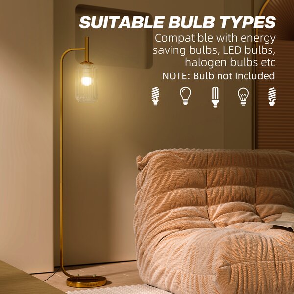 HOMCOM Floor Lamp for Living Room with Glass Lampshade, Modern Standing Lamp with Foot Switch for Bedroom, Bulb not Included, Gold Tone Aosom UK