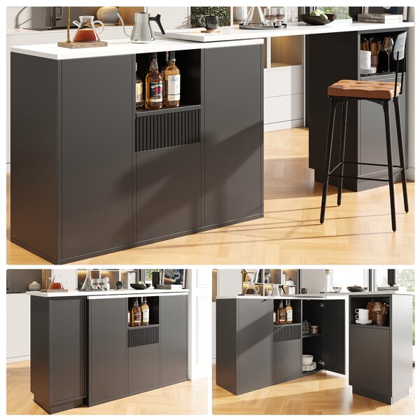 Kitchen Island with Marble-Effect Worktop, Storage Compartments, 360° Swivel Bar Table for Kitchen/Living Room, 198.5x30x72.5 cm, Black Aosom UK