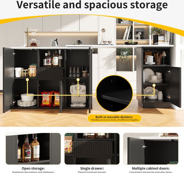 Kitchen Island with Marble-Effect Worktop, Storage Compartments, 360° Swivel Bar Table for Kitchen/Living Room, 198.5x30x72.5 cm, Black Aosom UK