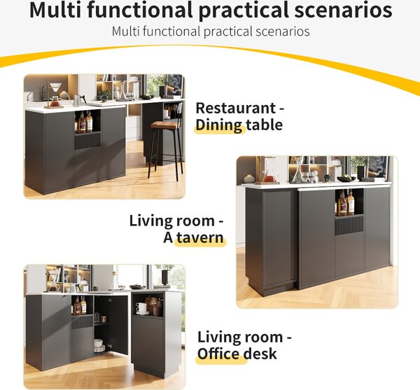 Kitchen Island with Marble-Effect Worktop, Storage Compartments, 360° Swivel Bar Table for Kitchen/Living Room, 198.5x30x72.5 cm, Black Aosom UK