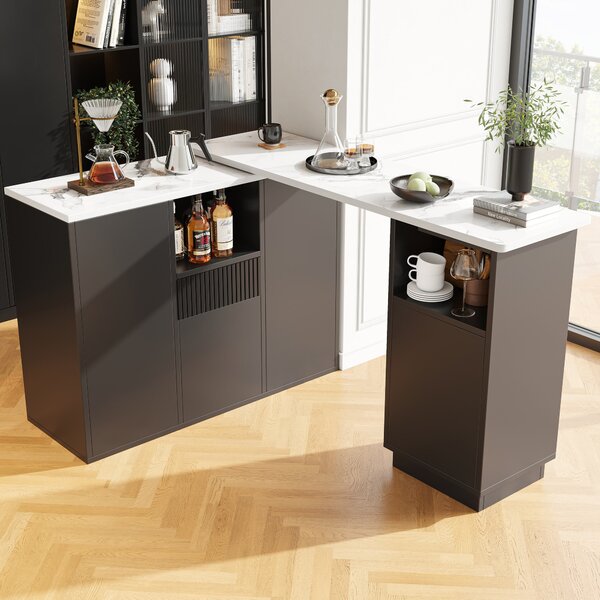Kitchen Island with Marble-Effect Worktop, Storage Compartments, 360° Swivel Bar Table for Kitchen/Living Room, 198.5x30x72.5 cm, Black Aosom UK