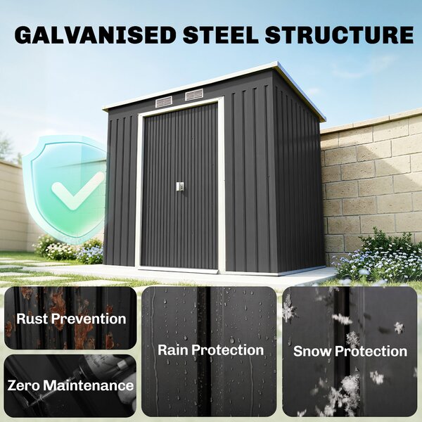 Outsunny Steel Shed with Foundation Kit and Lockable Door, Vents and Sloped Roof, 173H x 213L x 130Wcm, Dark Grey Aosom UK