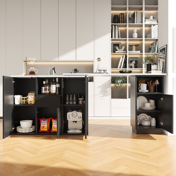 Kitchen Island with Marble-Effect Worktop, Storage Compartments, 360° Swivel Bar Table for Kitchen/Living Room, 198.5x30x72.5 cm, Black Aosom UK