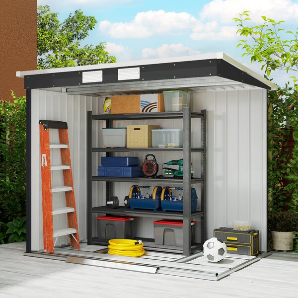 Outsunny Steel Shed with Foundation Kit and Lockable Door, Vents and Sloped Roof, 173H x 213L x 130Wcm, Dark Grey Aosom UK