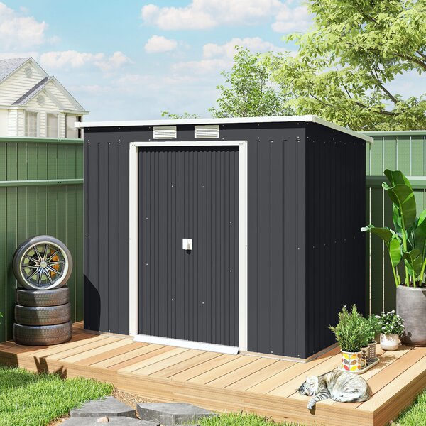 Outsunny Steel Shed with Foundation Kit and Lockable Door, Vents and Sloped Roof, 173H x 213L x 130Wcm, Dark Grey Aosom UK