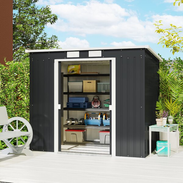 Outsunny Steel Shed with Foundation Kit and Lockable Door, Vents and Sloped Roof, 173H x 213L x 130Wcm, Dark Grey Aosom UK