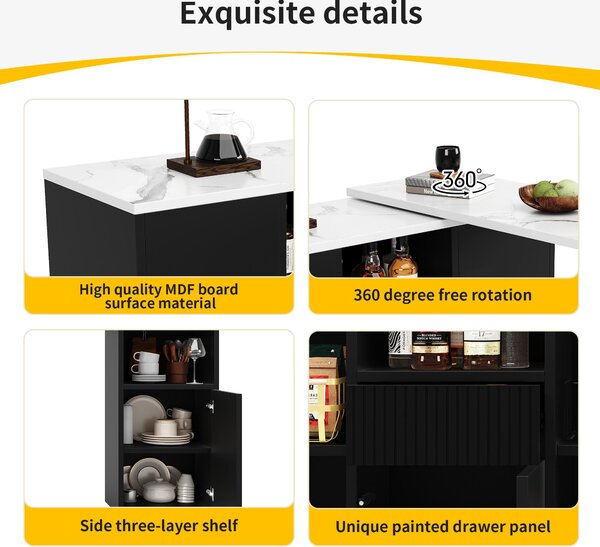 Kitchen Island with Marble-Effect Worktop, Storage Compartments, 360° Swivel Bar Table for Kitchen/Living Room, 198.5x30x72.5 cm, Black Aosom UK