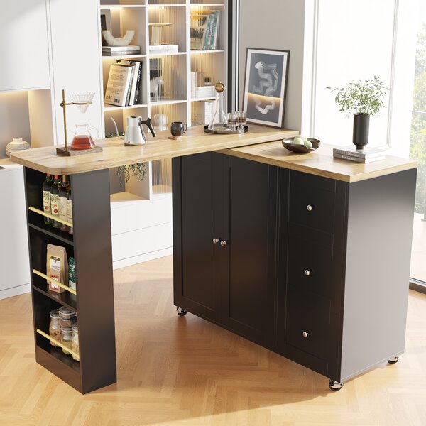 Kitchen Island with Snack Rack & Three Drawers, 360° Swivel Dining Table with Castors, 209L x 39W x 104H cm, Black Aosom UK