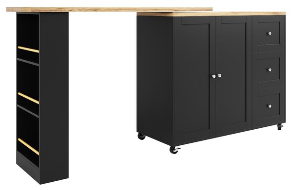 Kitchen Island with Snack Rack & Three Drawers, 360° Swivel Dining Table with Castors, 209L x 39W x 104H cm, Black Aosom UK
